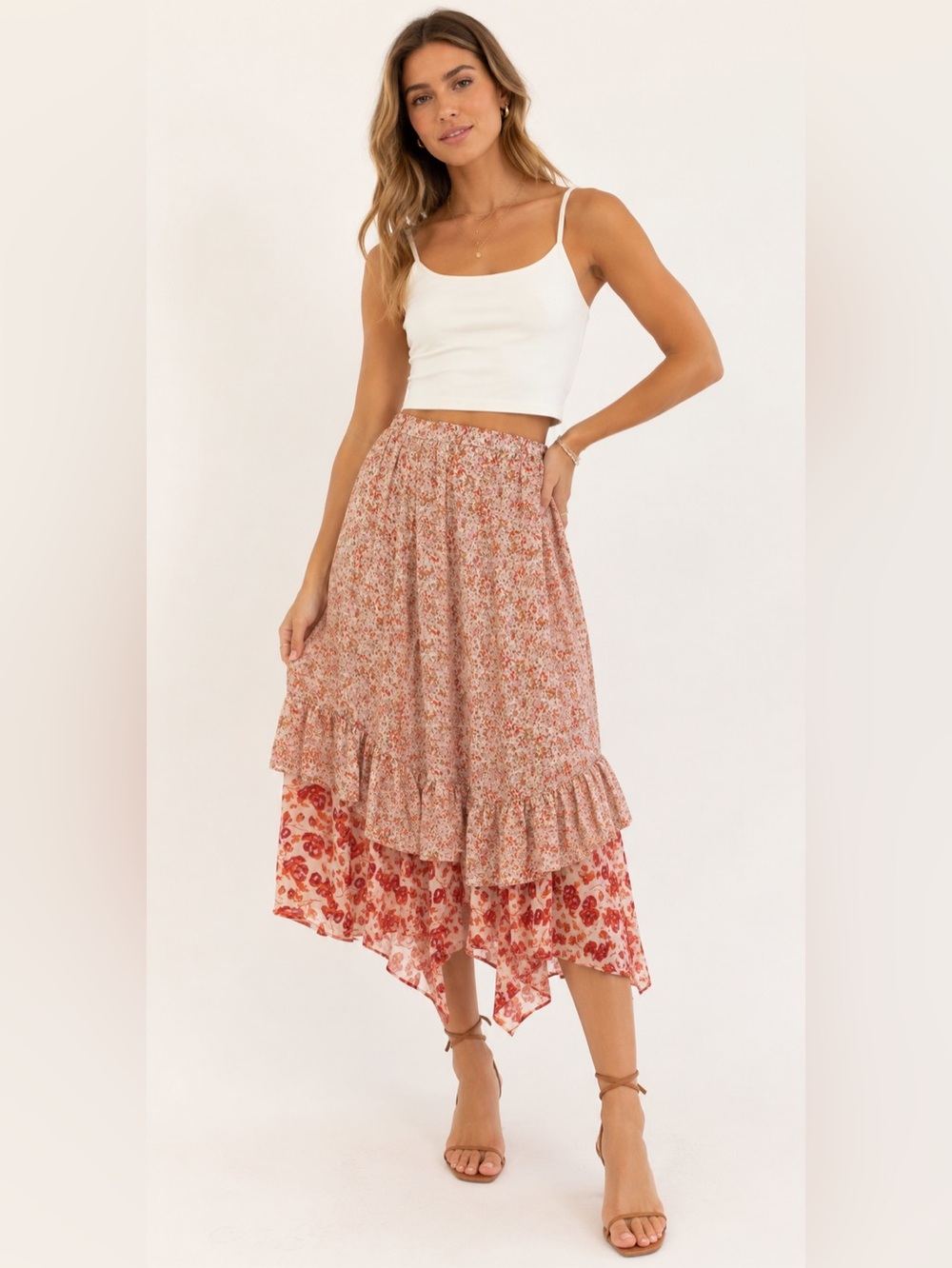 Free People Orange Floral Ruffled Zuma Drippy Asymmetrical Midi Skirt Sz. 2